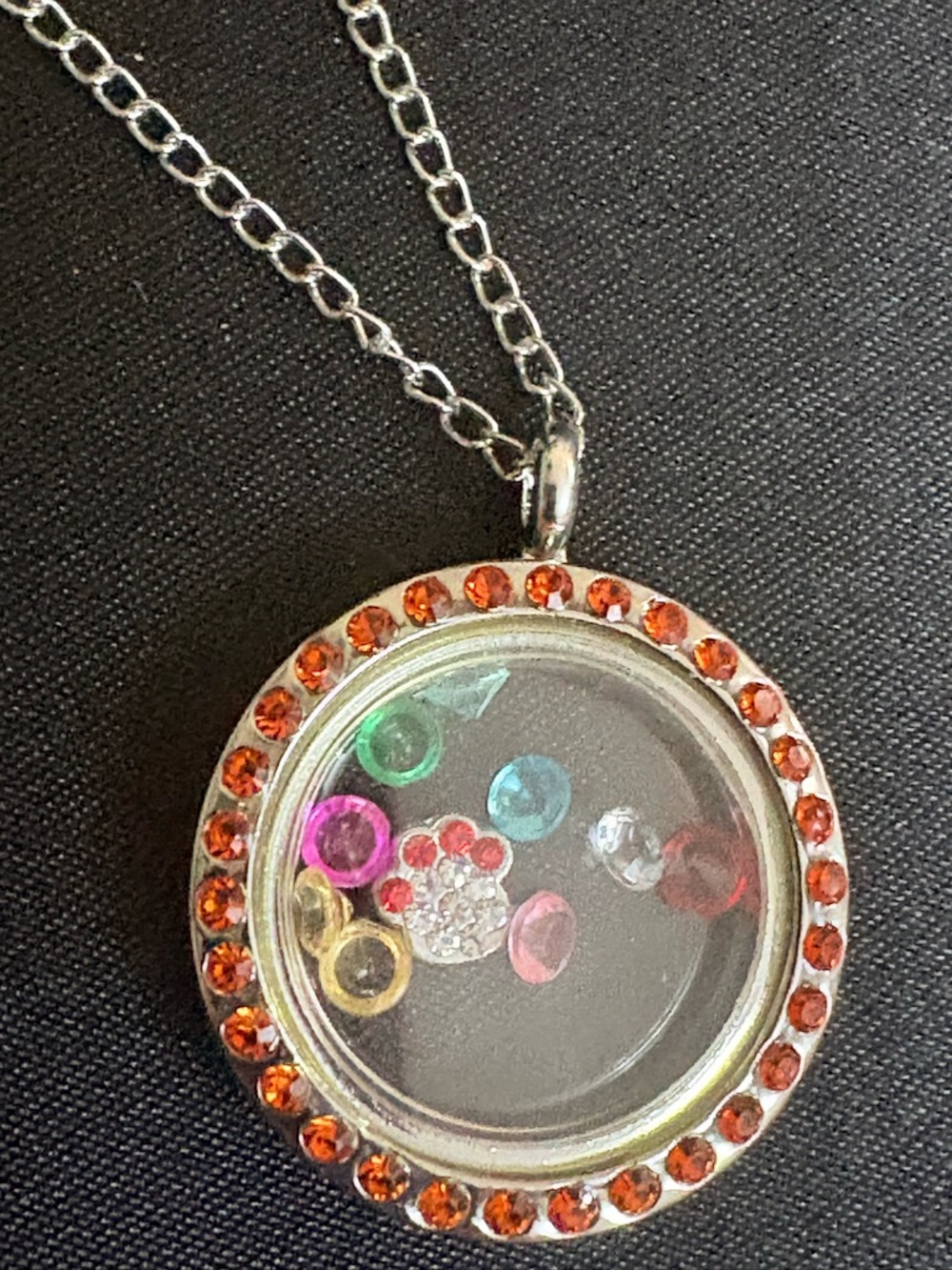 Silver Locket memorial Pendant Necklace with Orange Crystal Accents